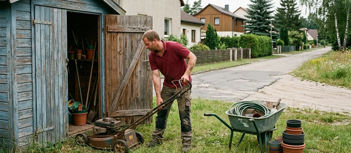Mann zieht einen alten Rasenmäher aus dem geräumten Gartenhaus, daneben Schubkarre und Blumentöpfe