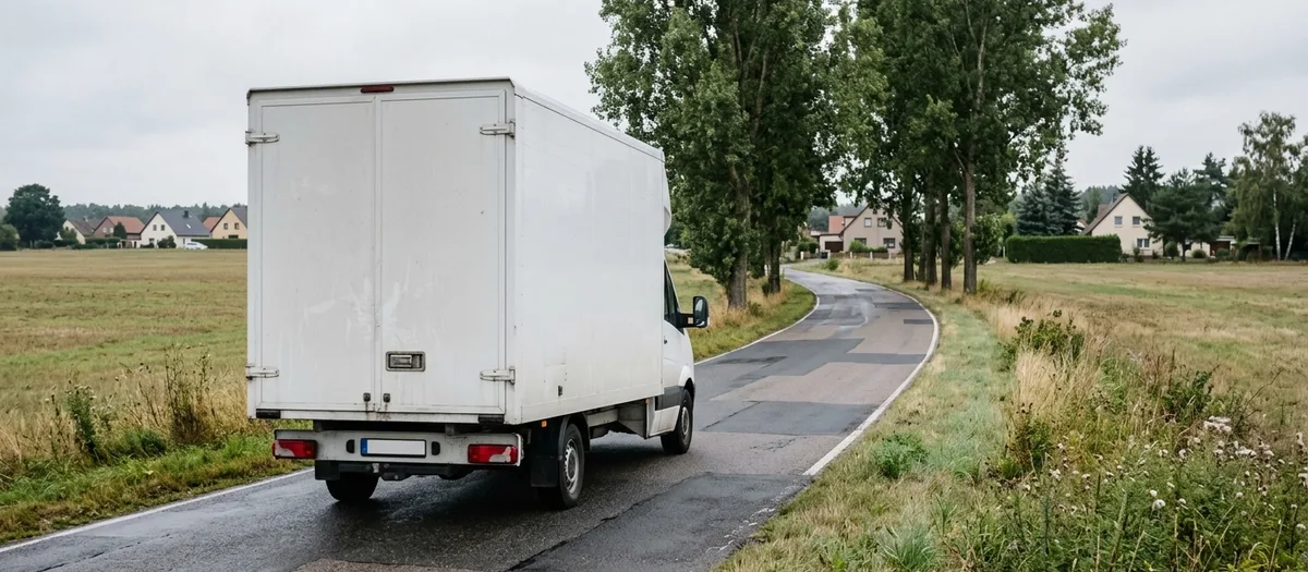 Weißer Kofferwagen rollt über eine Allee Richtung Potsdam, dahinter Wohnhäuser und abgemähte Felder